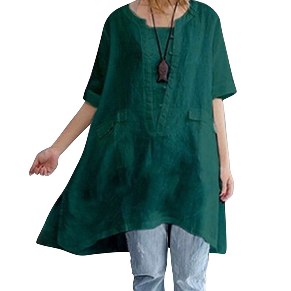 Green Plain Linen Short Sleeve Tunic Dress Small